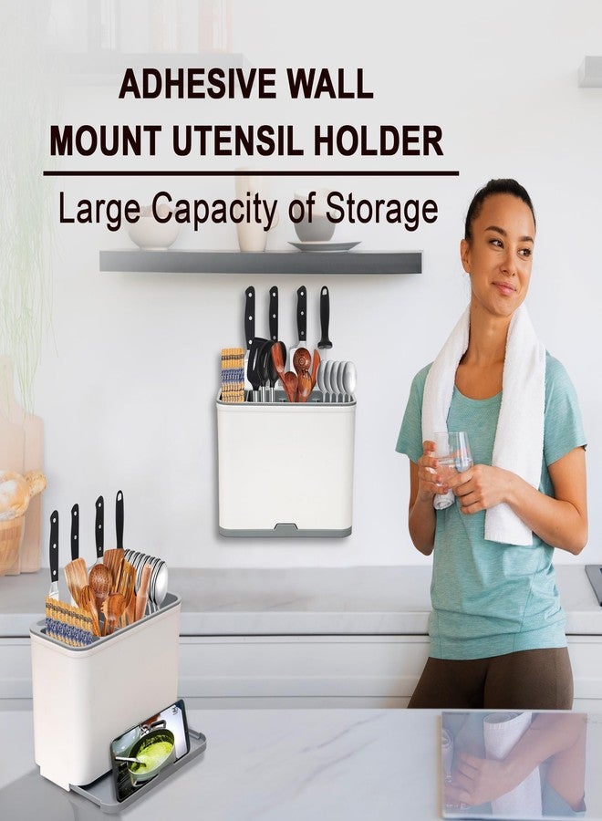 BAREPEPE Self Adhesive Plastic Wall Mounted Kitchen Cutlery Holder, Spoon Holder, Chopstick Holder Organizer Stand (White & Grey) (20*15*10 cm) - Image 2